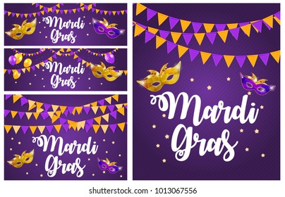 Mardi Gras Brochure Collection Set  Template.Celebration Greeting Card Backround. Vecor Illustration EPS10