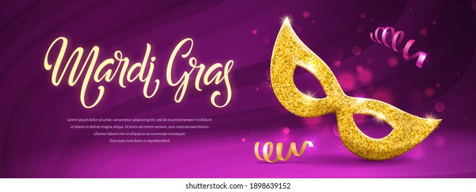 Mardi gras brochure. Fat tuesday logo with hand drawn lettering and golden mask. Vector banner with shining beads on traditional colors background