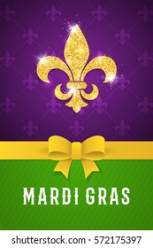 Mardi gras brochure. Fat tuesday logo with golden lily symbol. Greeting card with shining beads on traditional purple background