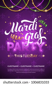 Mardi gras brochure. Vector logo with hand drawn lettering, ribbons, stars and fat tuesday symbols. Greeting card with shining beads on traditional colors background