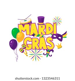 Mardi gras brochure. Vector logo with hand drawn lettering