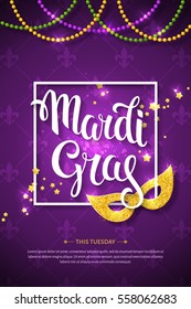 Mardi gras brochure. Vector logo with hand drawn lettering and golden fat tuesday mask. Greeting card with shining beads on traditional colors background