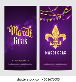 Mardi Gras brochures. Vector logo with hand drawn lettering and golden fat tuesday symbols. Greeting cards with shining beads on traditional colors background.