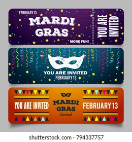 Mardi Gras brochures. Vector logo with fat tuesday symbols. Greeting cards with carnival on traditional colors background.