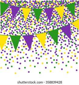 Mardi Gras bunting background with confetti.