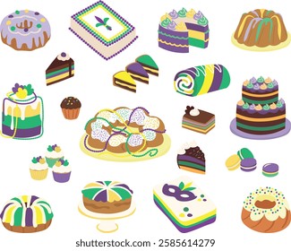 Mardi gras cake set, isometric cake icons for carnival, 20 items