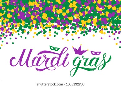 Mardi Gras calligraphic lettering on background with colorful confetti.  Fat or Shrove Tuesday poster. Traditional carnival in New Orleans. Vector template for banner, flyer, party invitation.