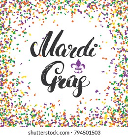 Mardi Gras Calligraphic Lettering. Typographic Greeting Card Design. Calligraphy Lettering for Holiday Greeting. Hand Drawn Lettering Text Vector illustration.