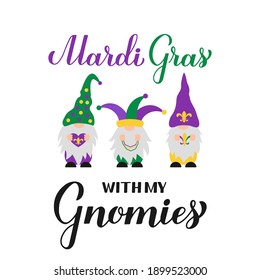 La caligrafía del Mardi Gras con letras de mano con lindos gnomos nórdicos. Martes de Grasa Carnaval tradicional en Nueva Orleans. Plantilla vectorial para banner, volante, afiche, camiseta, pegatina, etc.