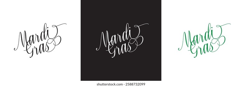 Mardi Gras calligraphy lettering poster. Carnival celebration design for banner, poster, card, print, flyer, menu. Space for text.   isolated on white and black background. Vector illustration. EPS 10