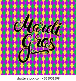 Mardi Gras calligraphy on harlequin colorful pattern background. Masquerade carnival lettering. Vector Illustration.