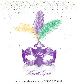 Mardi Gras card. Bright carnival mask with feathers. Vector Illustration.