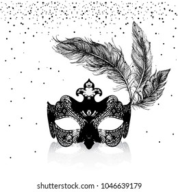 Mardi Gras card. Bright carnival mask with feathers. Vector Illustration.