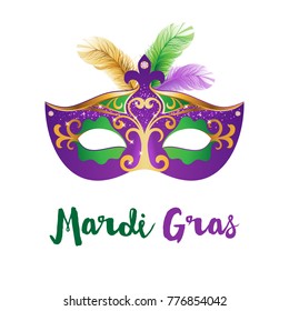 Mardi Gras card. Bright carnival mask with feathers. Vector Illustration.