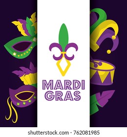 mardi gras card dot lettering flor de lis mask drum hat icons