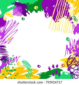 Mardi Gras card. Hand drawn Fat Tuesday background. Artistic colorful banner. Trendy abstract design with place for your text.