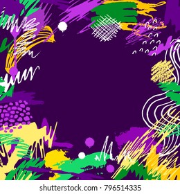 Mardi Gras card. Hand drawn Fat Tuesday background. Artistic colorful banner. Trendy abstract design with place for your text.