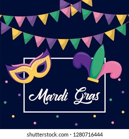 mardi gras card with joker hat and mask