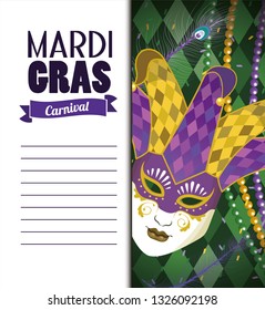 mardi gras card with mask and joker hat