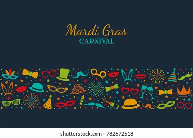 Mardi Gras - card in retro style with icons. Vector.