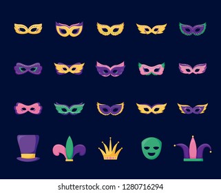 mardi gras card set icons