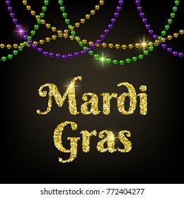 Mardi Gras card with shiny beads on black background