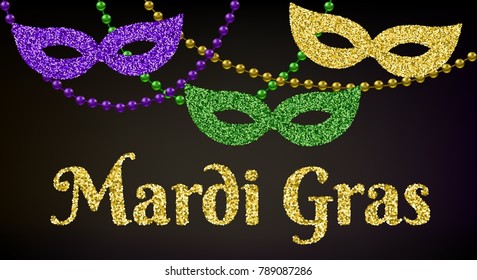 Mardi Gras card with shiny beads and masks