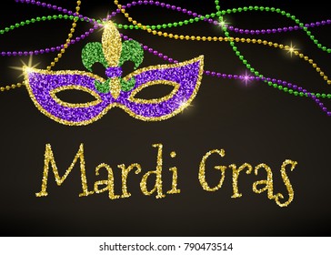 Mardi Gras card with shiny beads and mask