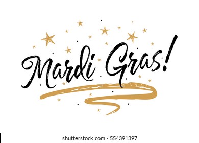 Mardi Gras card.Beautiful greeting card scratched calligraphy black text word gold stars. Hand drawn invitation T-shirt print design.Handwritten modern brush lettering white background isolated vector