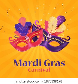 Mardi Gras carnaval Background.Traditional mask with feathers and confetti for fesival, masquerade, parade.Template for design invitation,flyer, poste, banners. Vector Illustration