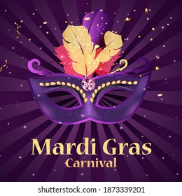 Mardi Gras carnaval Background.Traditional mask with feathers and confetti for fesival, masquerade, parade.Template for design invitation,flyer, poste, banners. Vector Illustration