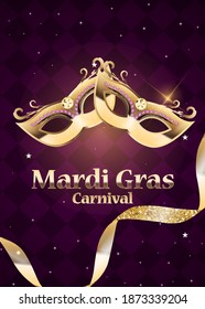 Mardi Gras carnaval Background.Traditional mask with feathers and confetti for fesival, masquerade, parade.Template for design invitation,flyer, poste, banners. Vector Illustration