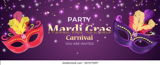 Mardi Gras carnaval Background.Traditional mask with feathers and confetti for fesival, masquerade, parade.Template for design invitation,flyer, poste, banners. Vector Illustration