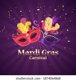 Mardi Gras carnaval Background.Traditional mask with feathers and confetti for fesival, masquerade, parade.Template for design invitation,flyer, poste, banners. Vector Illustration