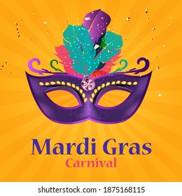 Mardi Gras carnaval Background.Traditional mask with feathers and confetti for fesival, masquerade, parade.Template for design invitation,flyer, poste, banners. Vector Illustration