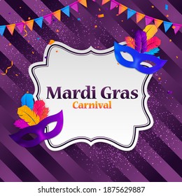 Mardi Gras carnaval Background.Traditional mask with feathers and confetti for fesival, masquerade, parade.Template for design invitation,flyer, poste, banners. Vector Illustration