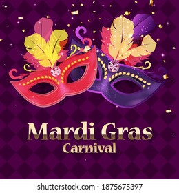 Mardi Gras carnaval Background.Traditional mask with feathers and confetti for fesival, masquerade, parade.Template for design invitation,flyer, poste, banners. Vector Illustration