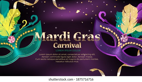 Mardi Gras carnaval Background.Traditional mask with feathers and confetti for fesival, masquerade, parade.Template for design invitation,flyer, poste, banners. Vector Illustration