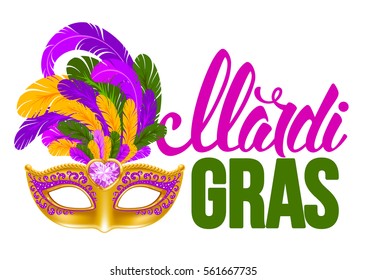 Mardi Gras Carnaval Design. Luxuriöse goldene venezianische Maske mit üppigen Federn und Kalligrafieinschrift Mardi Gras.  Vektorgrafik. Einzeln auf weißem Hintergrund.