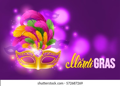 Mardi Gras Carnaval design. Luxury golden venetian mask with lush feathers and calligraphy inscription Mardi Gras on bright background with glitters and neon lights. Vector illustration. 