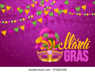 Mardi Gras Carnaval design. Luxury golden venetian mask with lush feathers and calligraphy inscription Mardi Gras on bright background with festive decorations. Vector illustration. 