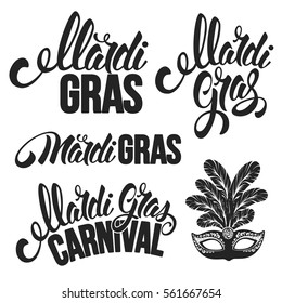 Mardi Gras Carnaval design set. Various Calligraphy inscriptions Mardi Gras. Vector illustration. Isolated on white background.