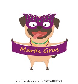 Mardi Gras carnaval funny cartoon dog character. Carnaval pug with purpure venetian mask and purpure, green and yellow beads, isolated on white background.