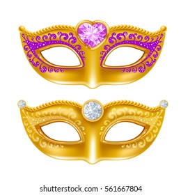 Mardi Gras Carnaval golden mask with gems. Vector illustration. Isolated on white background.