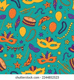 Mardi Gras and carnaval seamless pattern with doodles for prints, wrapping paper, scrapbooking, stationary, wallpaper, textile, etc. EPS 10