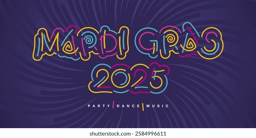 Mardi Gras Carnival 2025 new colorful handwriten line design typography. Mardi Gras logo title on purple background