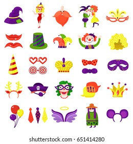 Mardi gras carnival accessories big colorful icons set with balloons eye masks funny hats isolated vector illustration