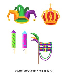 Mardi gras carnival attributes icons set. Colombina mask, kings crown, jester hat and fireworks rockets isolated flat vectors. Masquerade clothing illustration for costumed party, festival invitation