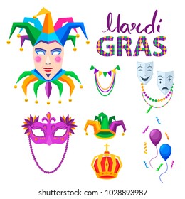 Mardi gras carnival attributes set. Crown, jester, colombina and theatrical masks flat vector isolated icons. Masquerade clothing  illustration for costumed party or festival invitation, banner