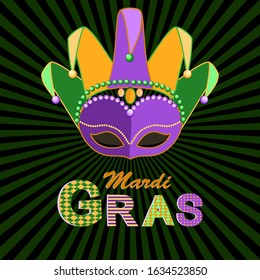 Mardi gras carnival backdrop with mask for greeting card or banner. Fat tuesday, festival and party design. Festive decoration for gift packaging and poster. Vector illustration.